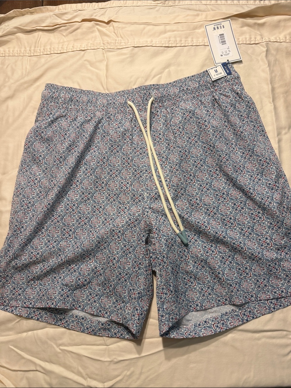 Men's Patterned Light Blue Swim Trunks with Cream Drawstring